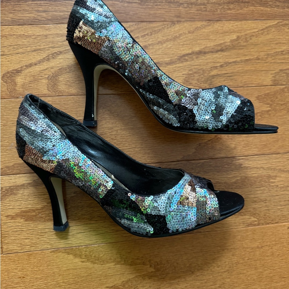 Black and Silver Sequin Peep Toe Stilettos